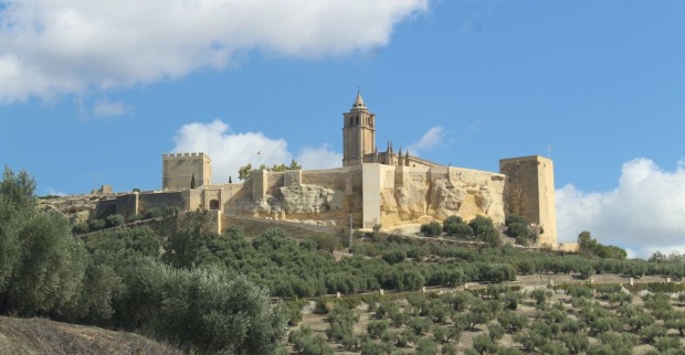 Andalusien: Eine Burg im Sonnenschein. Die alten, braune Mauern sind noch gut erhalten. Am Fuße der Burg sind zahlreiche Olivenbäume zu sehen.