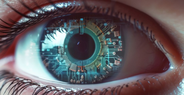 Großaufnahme eines Auges, auf der Iris scheinen Schaltkreise durch, sie weisen auf einen Chip oder Vernetzung mit einer Maschine oder KI hin.