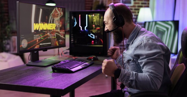 Mann, der mit Kopfhörern vor dem PC sitzt und ein Spiel gewonnen hat. Auf dem Monitor des PCs ist in bunten Buchstaben WINNER, zu deutsch Sieger, zu lesen.