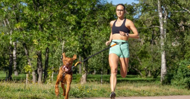 Junge Frau mit schwarzem Top, türkisfarbenen Shorts und Hund mit Canicross-Geschirr um die Hüfte