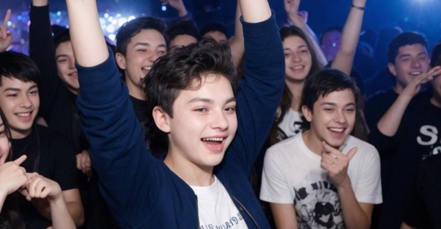 Junge mit aufgeweckten Gesichtsausdruck, der zusammen mit Freunden in einem Club tanzt
