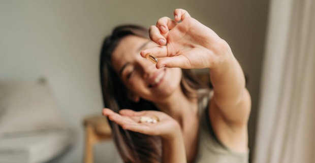 Frau hält dem Betrachter eine Hartkapsel mit einem Vitaminpräparat entgegen