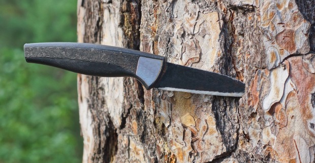 Ein schwarzes Eisenmesser ragt in die braune Rinde einer Kiefer