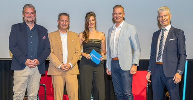 Alexander Meier (Landesdir. Wiener Städtische), Referent Michael Gantner, Moderatorin Isabella Canaval sowie die Sparkasse-Bludenz-Vorstände Wolfgang Eichler, Thomas Schreiber