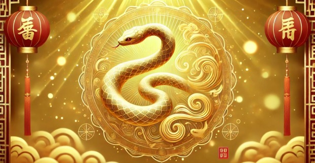 Eine stilisierte Schlange vor goldenem Grund, flankiert von chinesischen Lampions.