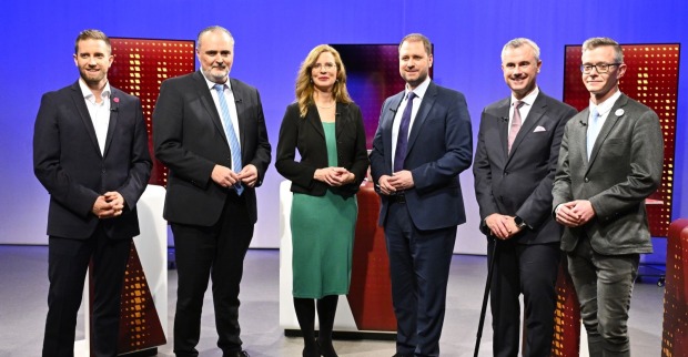 Die Spitzenkandidaten zur Burgenland-Wahl (v.l.n.r.) Christoph Schneider (NEOS), LH Hans Peter Doskozil (SPÖ), Anja Haider-Wallner (Grüne), Christian Sagartz (ÖVP), Norbert Hofer (FPÖ) und Geza Molnar (Liste Hausverstand)