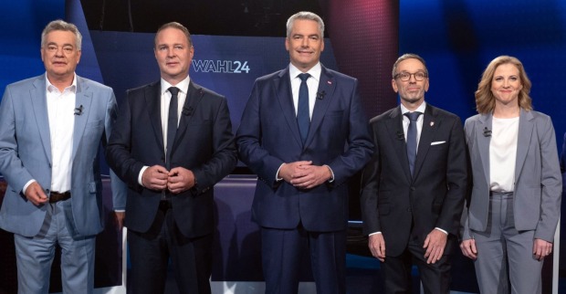 Karl Nehammer (ÖVP), Herbert Kickl (FPÖ), Werner Kogler (Grüne), Andreas Babler (SPÖ), Beate Meinl-Reisinger (NEOS)