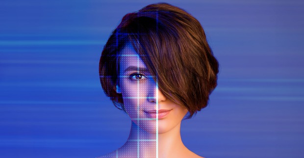reative 3d photo artwork collage of smiling lady laser grid face identification isolated purple violet color background stock photo
