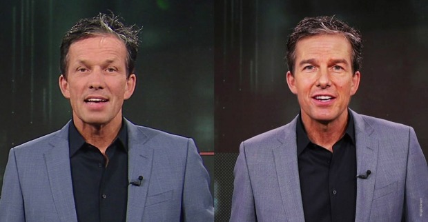 Zweigeteiltes Bild: links Akte Betrug-Moderator Martin Ferdiny, rechts Hollywoodstar Tom Cruise, beide im gleichen Gewand