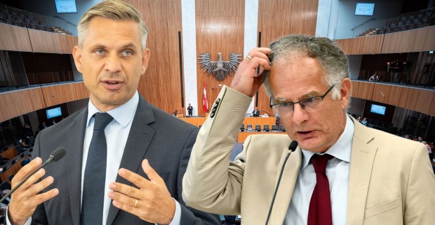 Zwei Minister am Rednerpult im Nationalrat: Links Wolfgang Hattmannsdorfer (ÖVP) gestikulierend, rechts Markus Marterbauer (SPÖ) mit nachdenklicher Geste – Symbolbild zur politischen Debatte über Teilzeitarbeit.