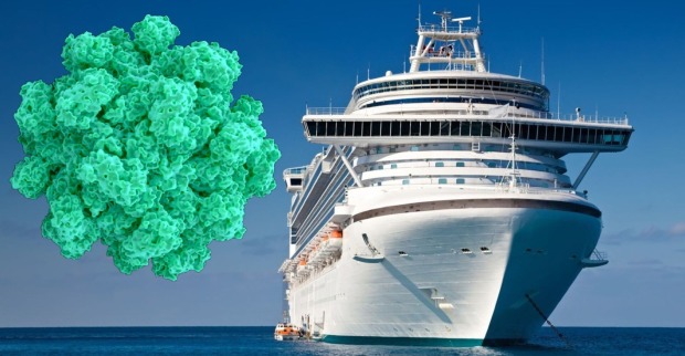 Ein Kreuzfahrtschiff auf offener See, daneben stark vergrößerte Darstellung eines Norovirus – Symbolbild für aktuelle massenhafte Krankheitsausbrüche an Bord.