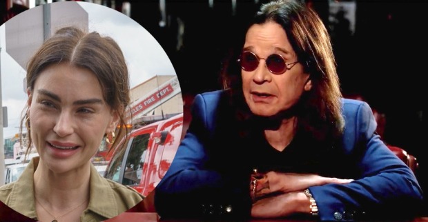 Foto-Montage: Aimee Osbourne mit zurückgebundenem Haar, goldenen Ohrringen und olivgrüner Bluse im Straßenbild; daneben Ozzy Osbourne mit langen Haaren, Sonnenbrille und blauem Sakko bei einem Interview.