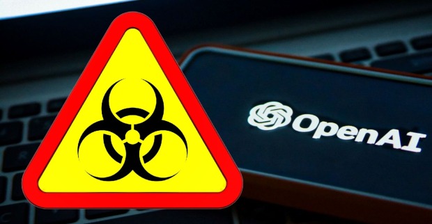 Warnschild mit Biohazard-Symbol vor einem Bildschirm mit dem OpenAI-Logo – Hinweis auf potenzielle Risiken von ChatGPT-5 in kritischen Forschungsbereichen.