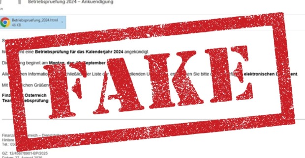 Screenshot einer gefälschten E-Mail mit dem Absender „Finanzamt noreply@mailguard.store “ und dem Betreff „Betriebsprüfung 2024 – Ankündigung“. Im Text wird eine Prüfung ab 15. September 2025 angekündigt. Ein HTML-Anhang ist sichtbar. Groß und rot darübergelegt steht das Wort „FAKE“.