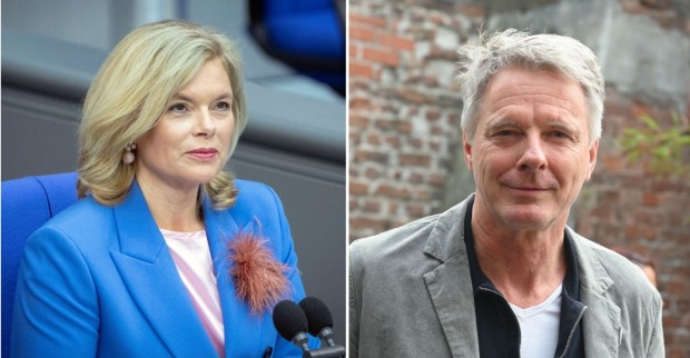 Porträtfotos von Julia Klöckner in blauem Blazer am Rednerpult und Jörg Pilawa in grauer Jacke vor einer Backsteinmauer.