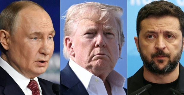 Porträtmontage von Wladimir Putin, Donald Trump und Wolodymyr Selenskyj – drei zentrale Akteure im Ukraine-Konflikt.