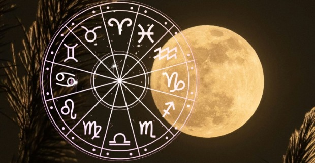 Vollmond am Nachthimmel mit eingeblendetem astrologischem Tierkreis; die Sternzeichen-Symbole umkreisen das Zentrum, der Mond leuchtet im Hintergrund.