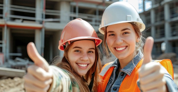 Zwei junge Arbeiterinnen auf der Baustelle mit Helmen | Credit: Adobe Stock/Jürgen Fälchle