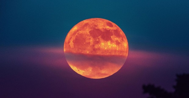 Blutmond 2025 während totaler Mondfinsternis, roter Vollmond über dem Horizont