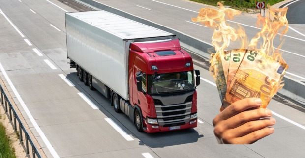 Symbolbild zur Heavylog-Insolvenz: Lkw auf Autobahn, daneben brennende Geldscheine als Sinnbild für Millionenverluste in der Logistikbranche