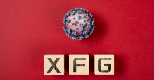 Symbolbild der neuen "XFG"-Corona-Variante vor rotem Hintergrund und drei Bauklötzen welche die Buchstaben X F und G zeigen
