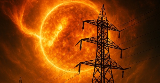 onnensturm mit riesiger Plasmawolke hinter einem Hochspannungsmast – Symbolbild für die Gefahr von Stromausfällen durch solare Eruptionen.