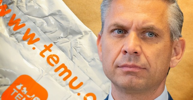 Porträt von Wirtschaftsminister Wolfgang Hattmannsdorfer vor dem Logo des Billiganbieters Temu