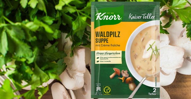 Rückruf bei Knorr: Verpackung der Knorr Kaiser Teller Waldpilz Suppe mit Crème fraîche, betroffen vom Produktrückruf wegen möglicher Metall- und Gummiteile.