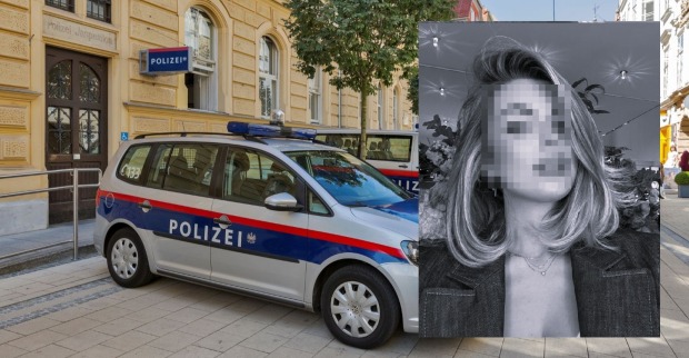 Fotomontage aus einem österreichischen Polizeifahrzeug vor einer Dienststelle und einem verpixelten Porträt der getöteten Grazerin Stefanie P.