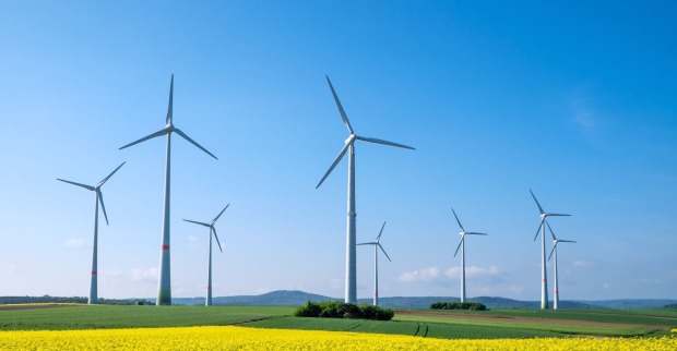 Mehrere Windräder stehen in einem Rapsfeld bei Sonnenschein