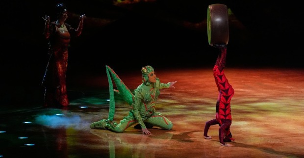 Cirque du Soleil-Akrobaten in Insektenkostümen auf der Bühne.