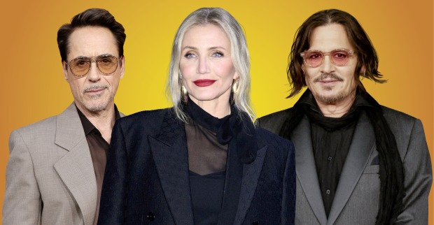 Robert Downey Jr., Cameron Diaz und Johnny Depp vor gelb-orangefarbenem Hintergrund.