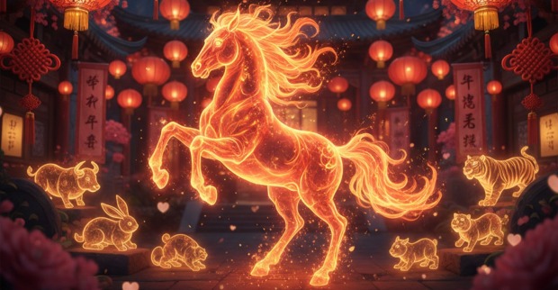 Illustrierte Szene mit einem glühenden, goldenen Feuerpferd, umgeben von chinesischen Tierkreiszeichen und roten Laternen – Darstellung des chinesischen Neujahrs 2026, dem Jahr des Feuerpferdes.