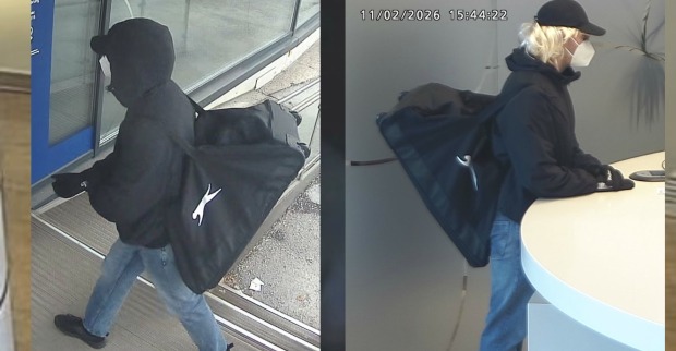 Überwachungskamera-Bild des Täters beim Banküberfall in Graz Andritz mit blonder Perücke und FFP2-Maske