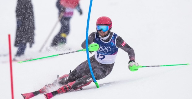Fabio Gstrein während des Olympia-Slaloms 2026 der Herren in Bormio