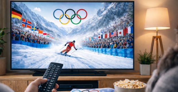 Olympische Winterspiele Programm 2026 live im TV: Zuschauer sieht Skirennen mit internationalen Fahnen und Publikum während der Winterspiele in Mailand und Cortina.