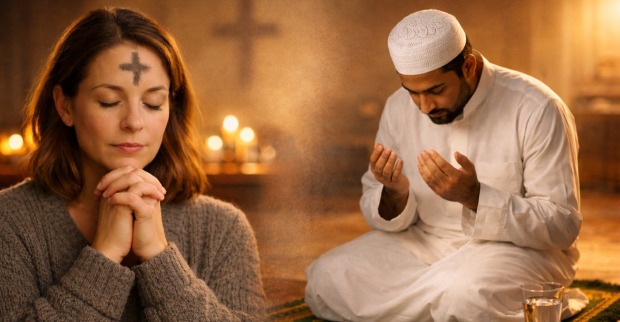 Christliche Frau betet mit Aschekreuz auf der Stirn neben muslimischem Mann im Gebet – Symbol für Fastenzeit und Ramadan 2026, gemeinsamer Ausdruck von Glauben und innerer Einkehr.