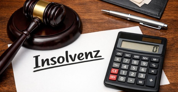 Hammer, ein Zettel an dme Insolvenz geschrieben steht und ein Taschenrechner um die Insolvenz der Edtmayer Systemtechnik GmbH zu illustrieren