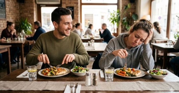Zwei Menschen, ein Mann und eine Frau, essen dieselbe Mahlzeit, reagieren jedoch unterschiedlich – Beispiel für individuelle Unterschiede bei Stoffwechsel und Abnehmen