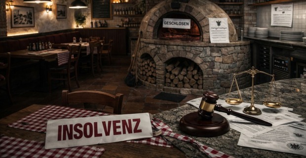 Insolvenzschild vor einem Pizzaofen als Themenbild für die Pleite der Pizzeria Isola Capri in Dornbirn