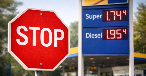 Spritpreise Österreich: Tankstelle mit Benzin- und Dieselpreisen sowie Stop-Schild vor steigenden Treibstoffpreisen.