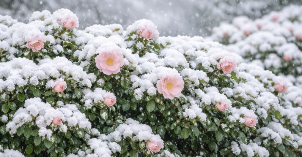Wetter im Mai: Schnee bedeckt blühende Rosen im Garten während der Eisheiligen und zeigt typische Frostgefahr im Mai durch plötzlichen Kälteeinbruch.