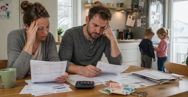 Eltern sitzen mit Rechnungen und Geld am Küchentisch, während Kinder im Hintergrund spielen, Symbolbild für finanzielle Belastung von Familien.