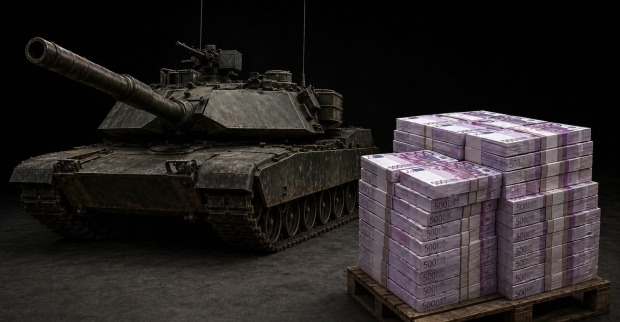 Panzer und Geldstapel als Themenbild für die gestiegenen Militärausgaben