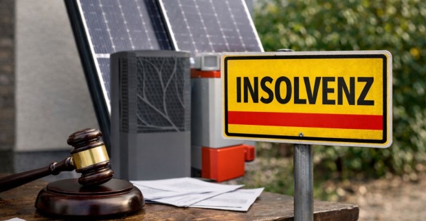 Geräte der Hons Energiesysteme GmbH und einem Schild auf dem Insolvenz geschrieben steht