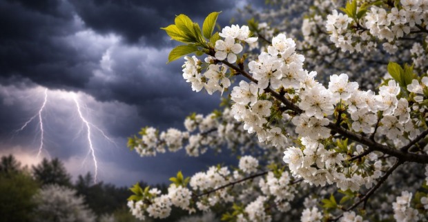 Gewitter mit Blitz über blühenden Frühlingsbäumen – Symbolbild für Unwetter laut hundertjährigem Kalender Ende April