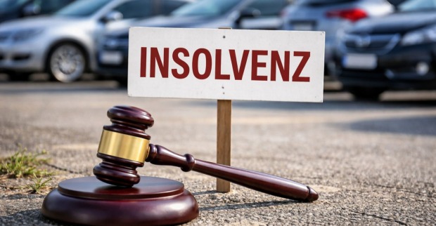 Richterhammer und Insolvenzschild auf einem Parkplatz als Themenbild für die Pleite der Special Rent Steffan GmbH
