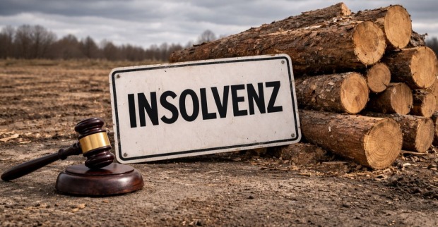 Holzstapel auf einem leeren Feld symbolisieren die Insolvenz der KF – Holz Kaltenegger GmbH.