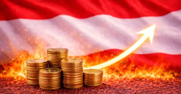Österreich-Flagge mit Geldstapeln und steigender Kurve symbolisiert wirtschaftliche Kosten und Inflation durch den Iran-Krieg