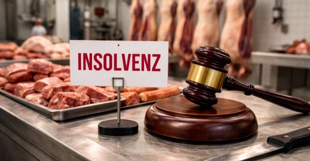 Fleisch in einer Produktionshalle symbolisiert die Insolvenz der Strauss Food Service GmbH.